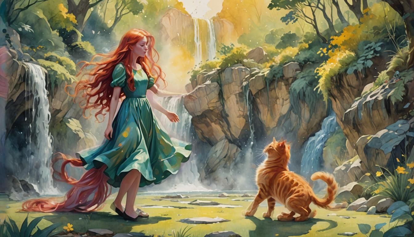 Girl, Cat, and Floating Orbs in Ethereal Landscape