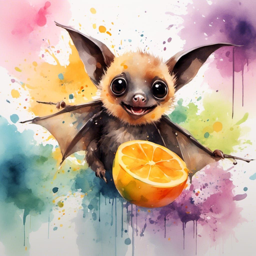Cute Fruit Bat in Watercolour Graffiti Style
