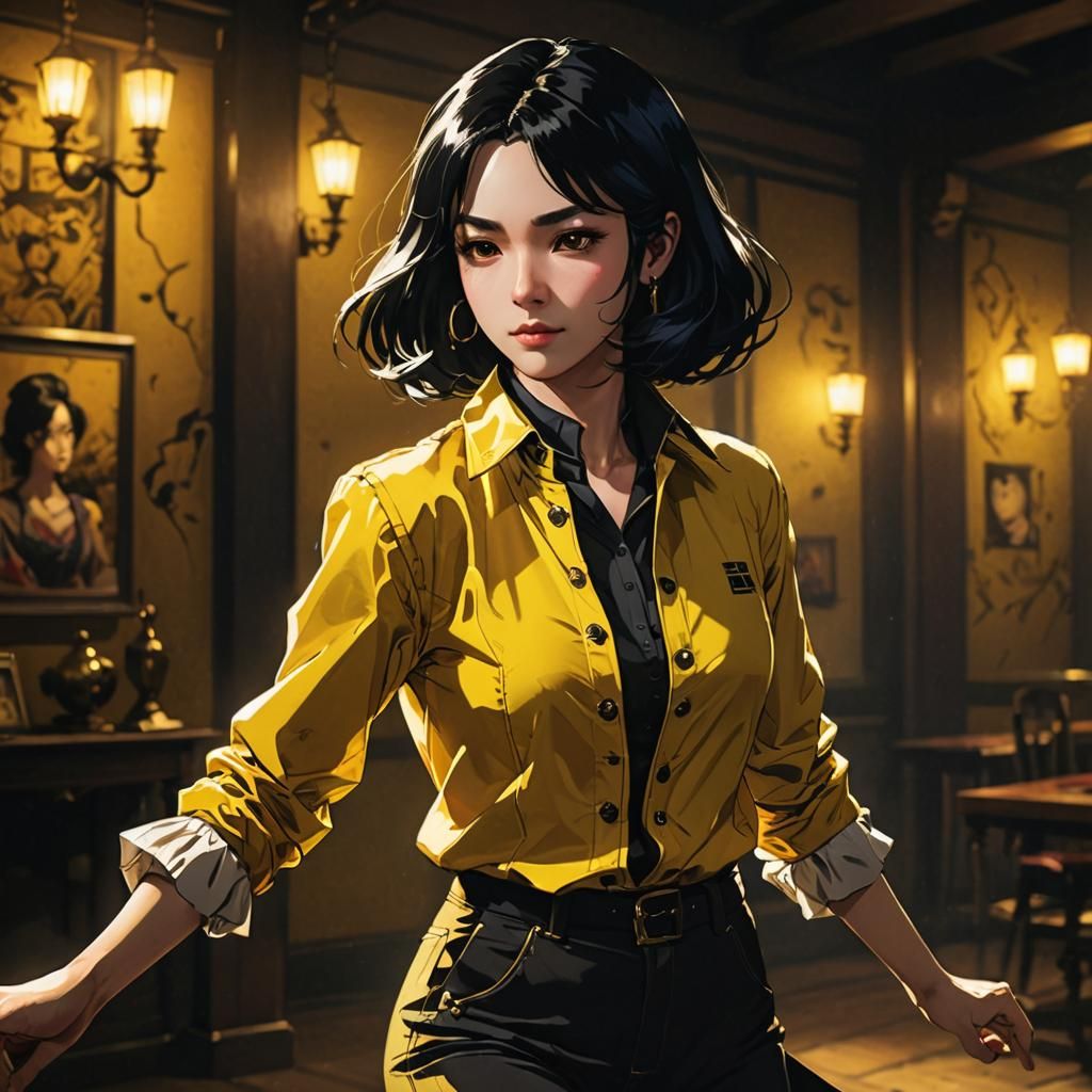 Anime-Inspired Portrait of a Dancer in a Vibrant Yellow Coat