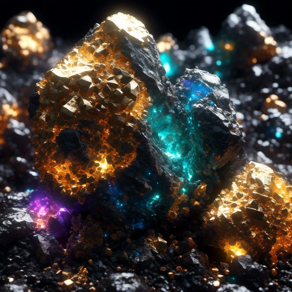 Alien Ores with Bold Letter Labels, 3D Render