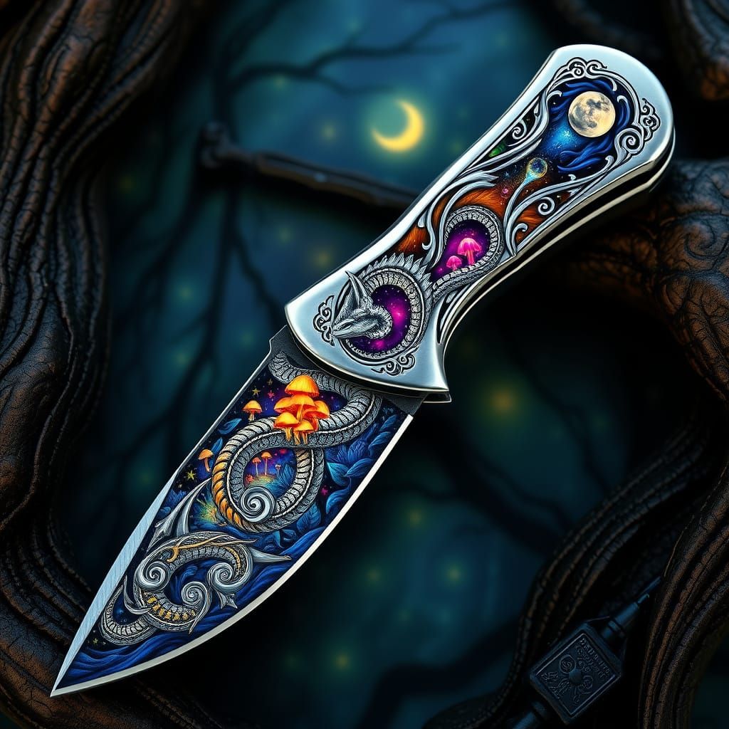 Folding knife with a fantasy image on the handle and the blade