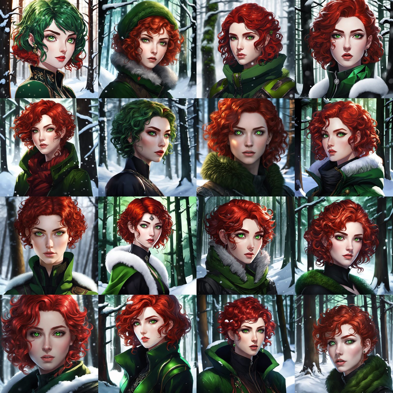 Gothic Woman with Red Hair in Snowy Forest, Anime Style