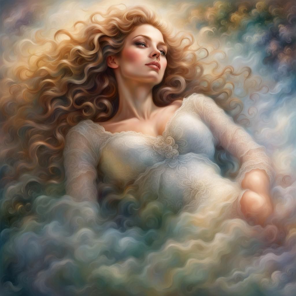 Beautiful Woman Portrait with Curly Hair in Ethereal Style
