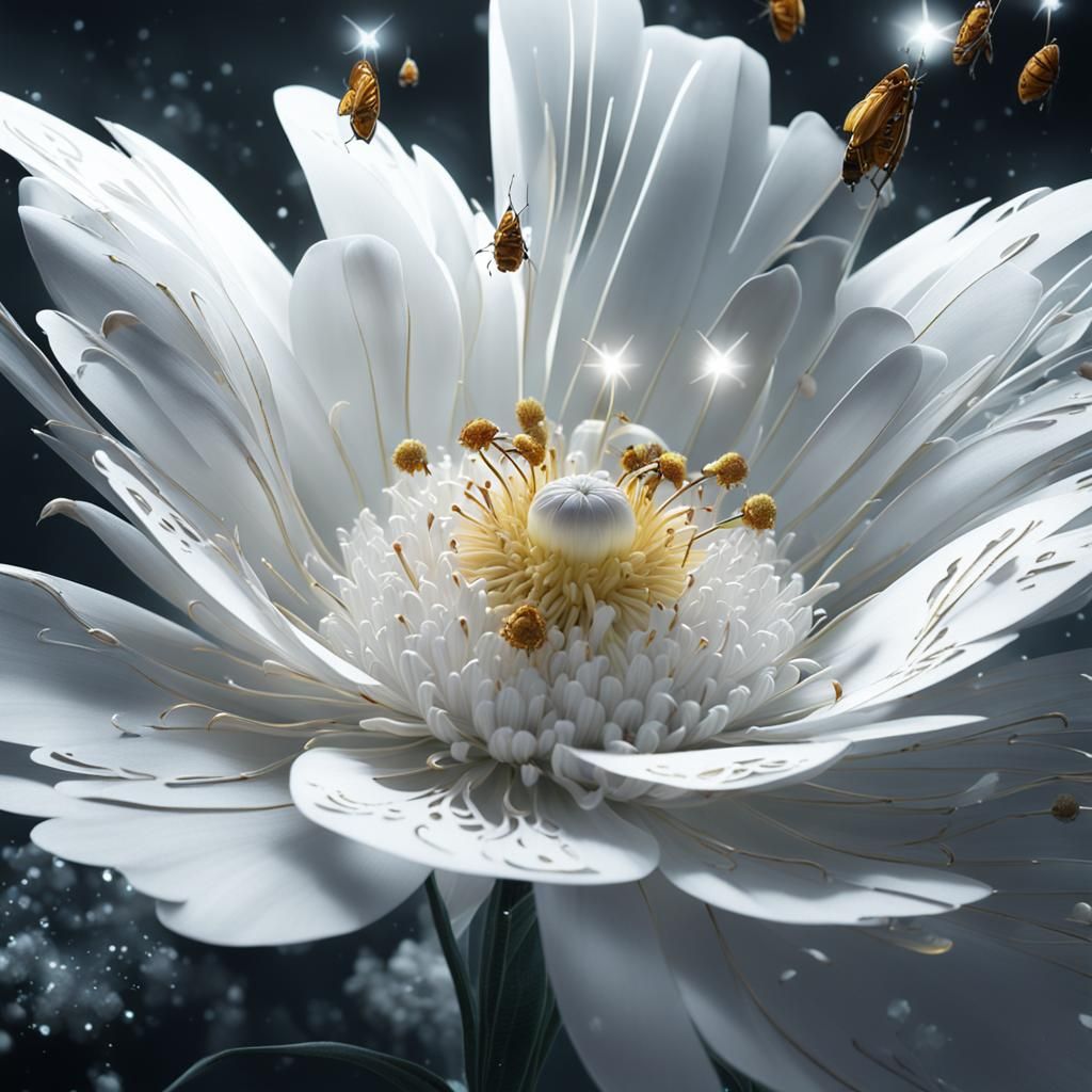 Glowing White Magical Flower with Satin Moth