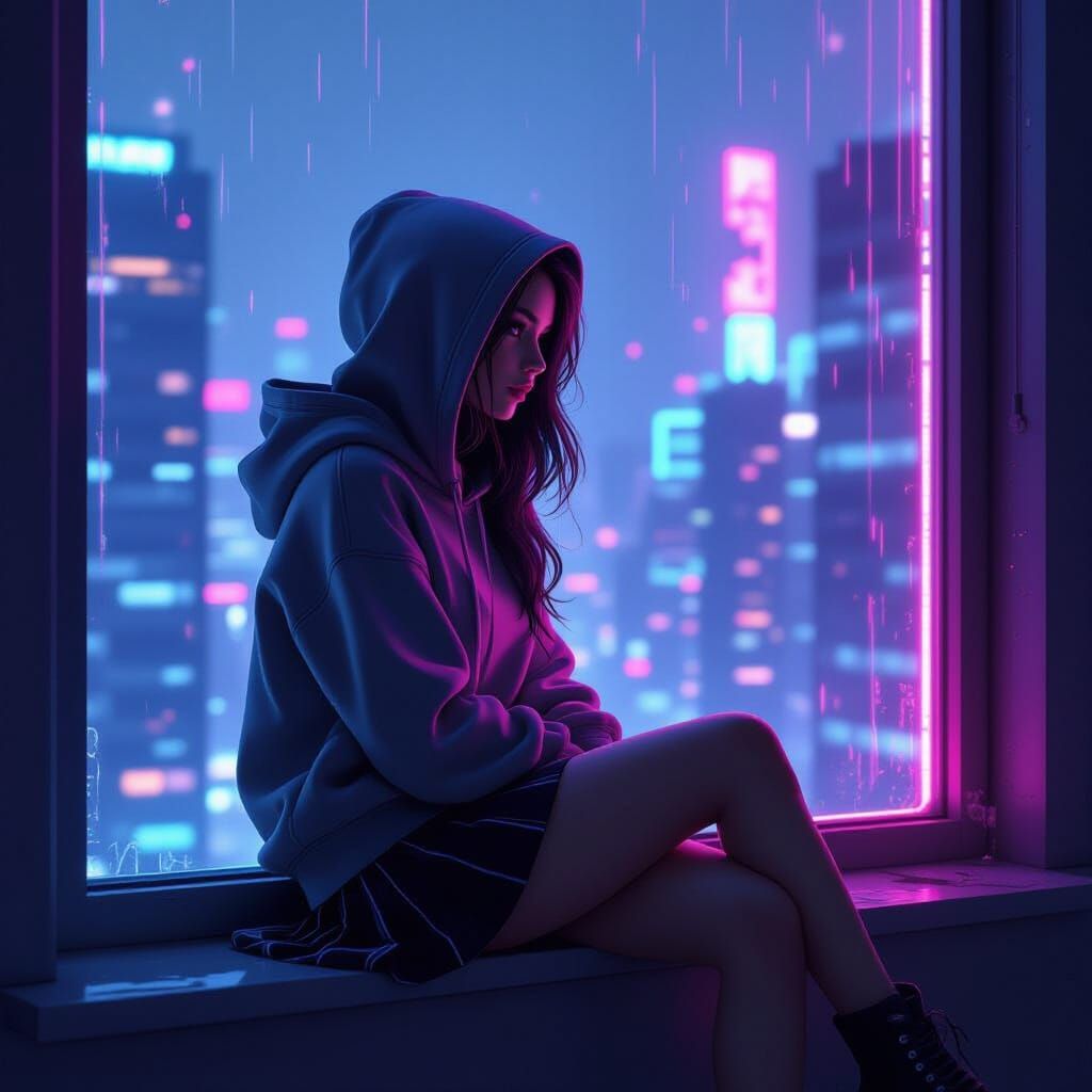 Girl Gazes Out Window into Future in Cyberpunk Low-Fi Style