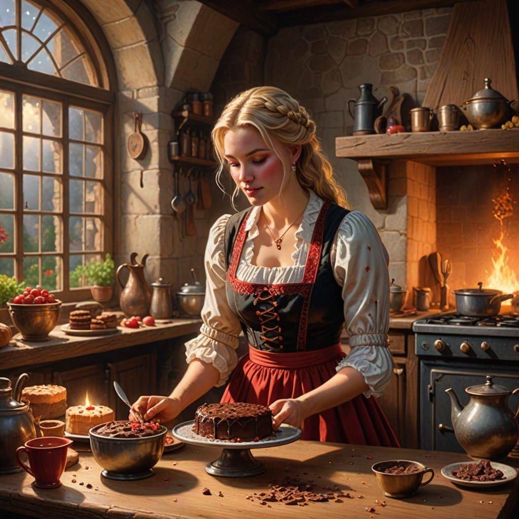 Young Woman Baking in Cozy Medieval Kitchen