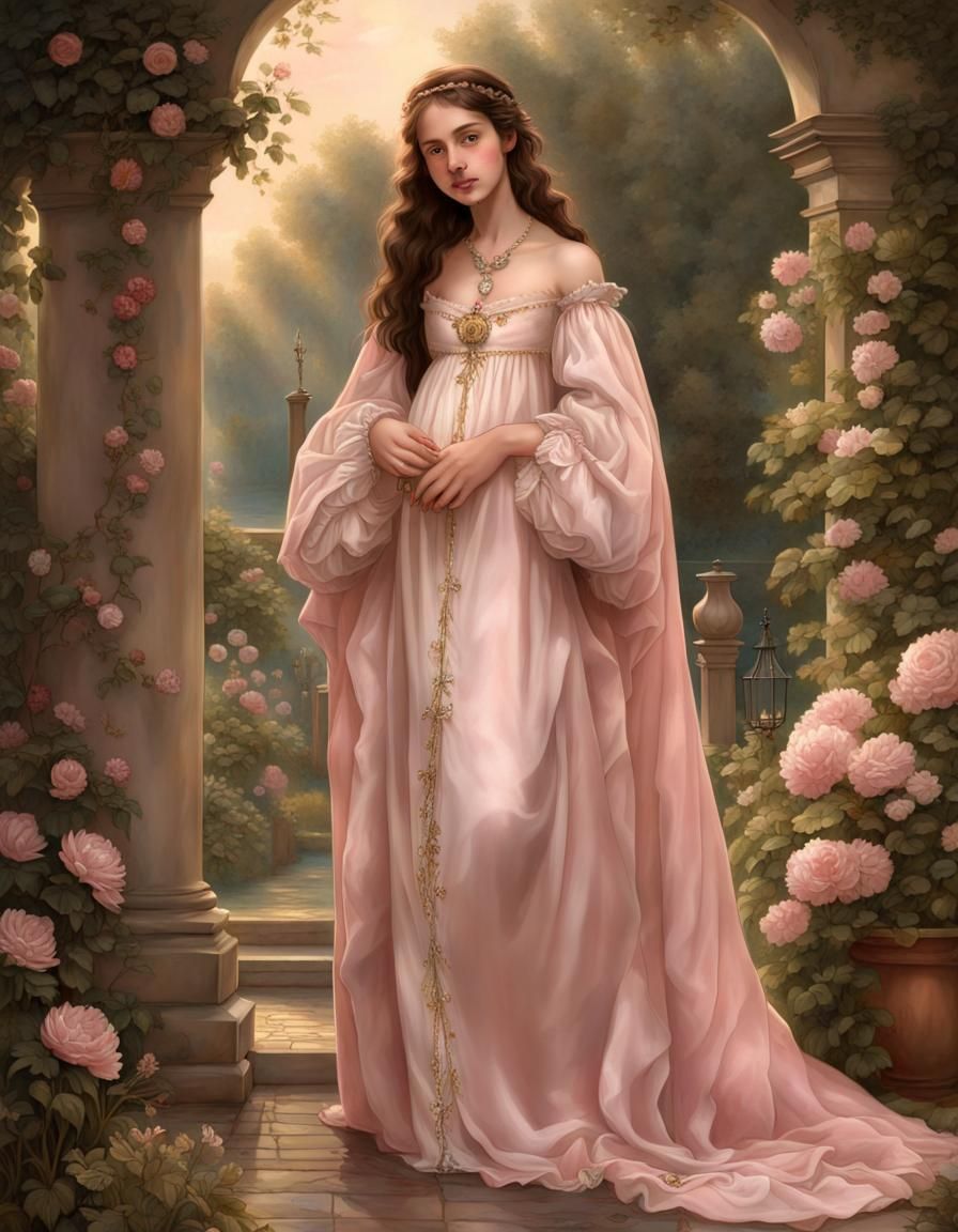 Renaissance Girl in Garden with Golden Nightgown