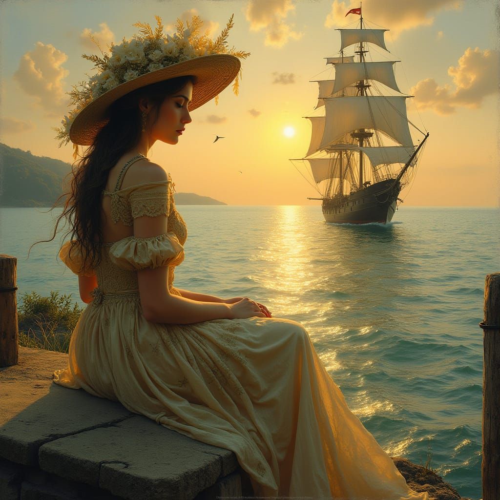 Lady of Longing at Sunset, in Pre-Raphaelite Style