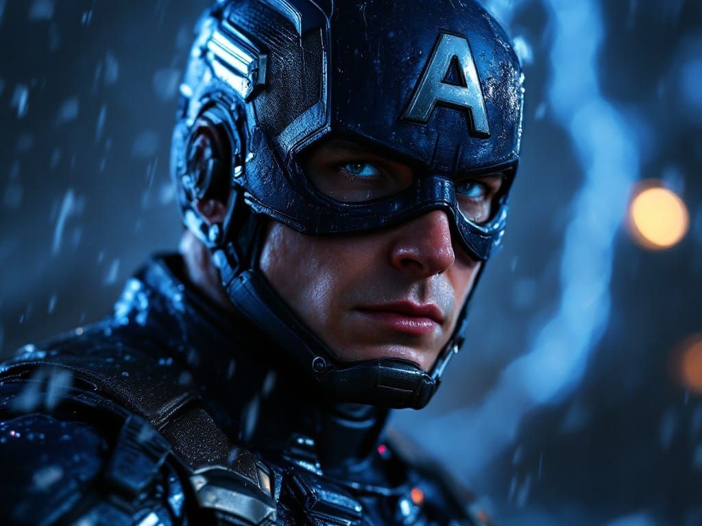 Captain America in a Dramatic Nighttime Portrait, Rendered i...