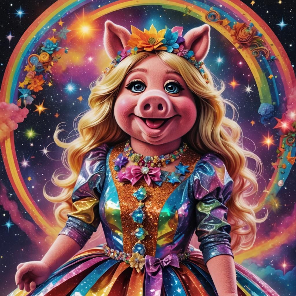 Miss piggy in a rainbow costume