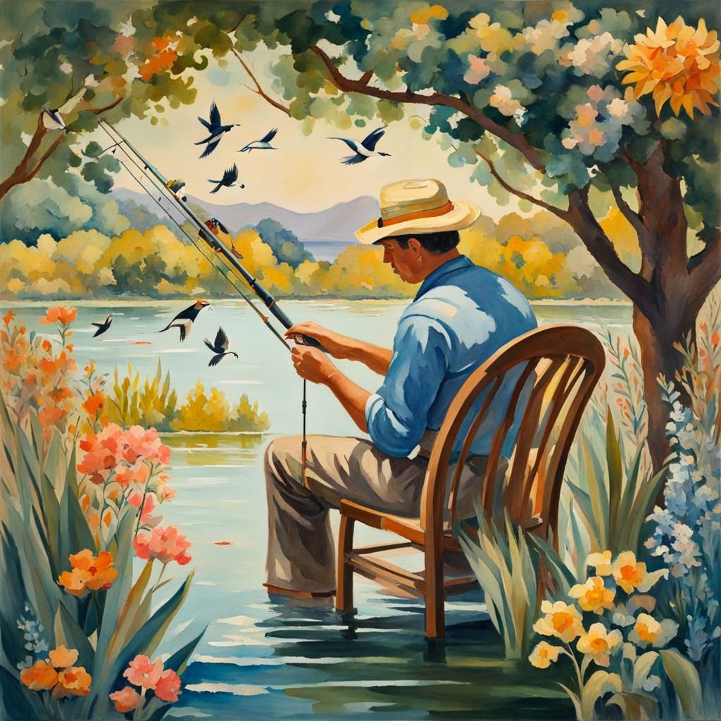 Art Deco Fisherman in Gouache Style