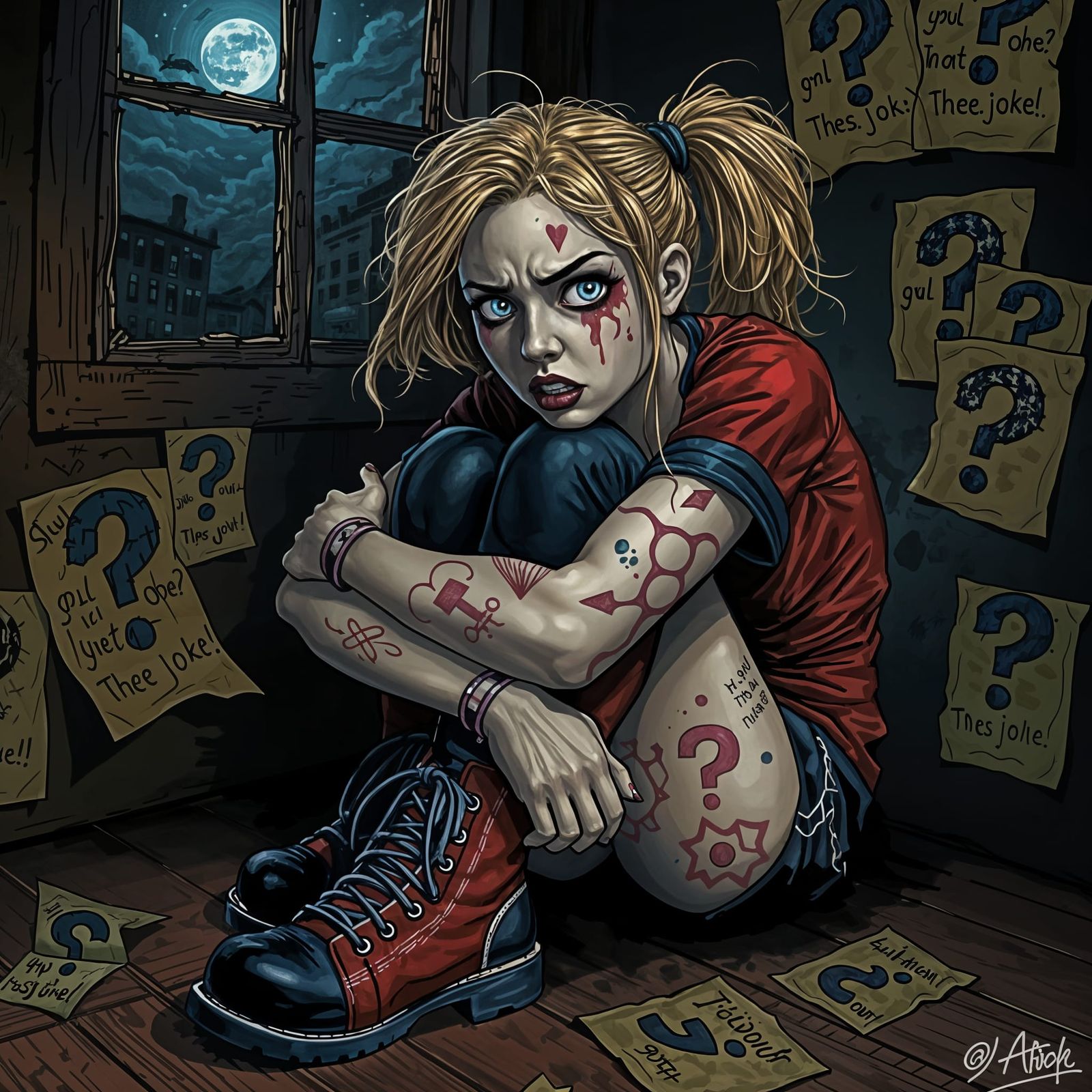 Horrified Harley Quinn in Chaotic Comic Style