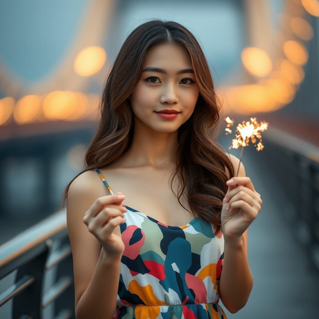 Serene Chinese Woman with Sparkler and Bokeh Lights