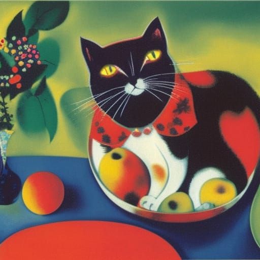 Cat and Fruit Bowl in Comic Art Anime Style