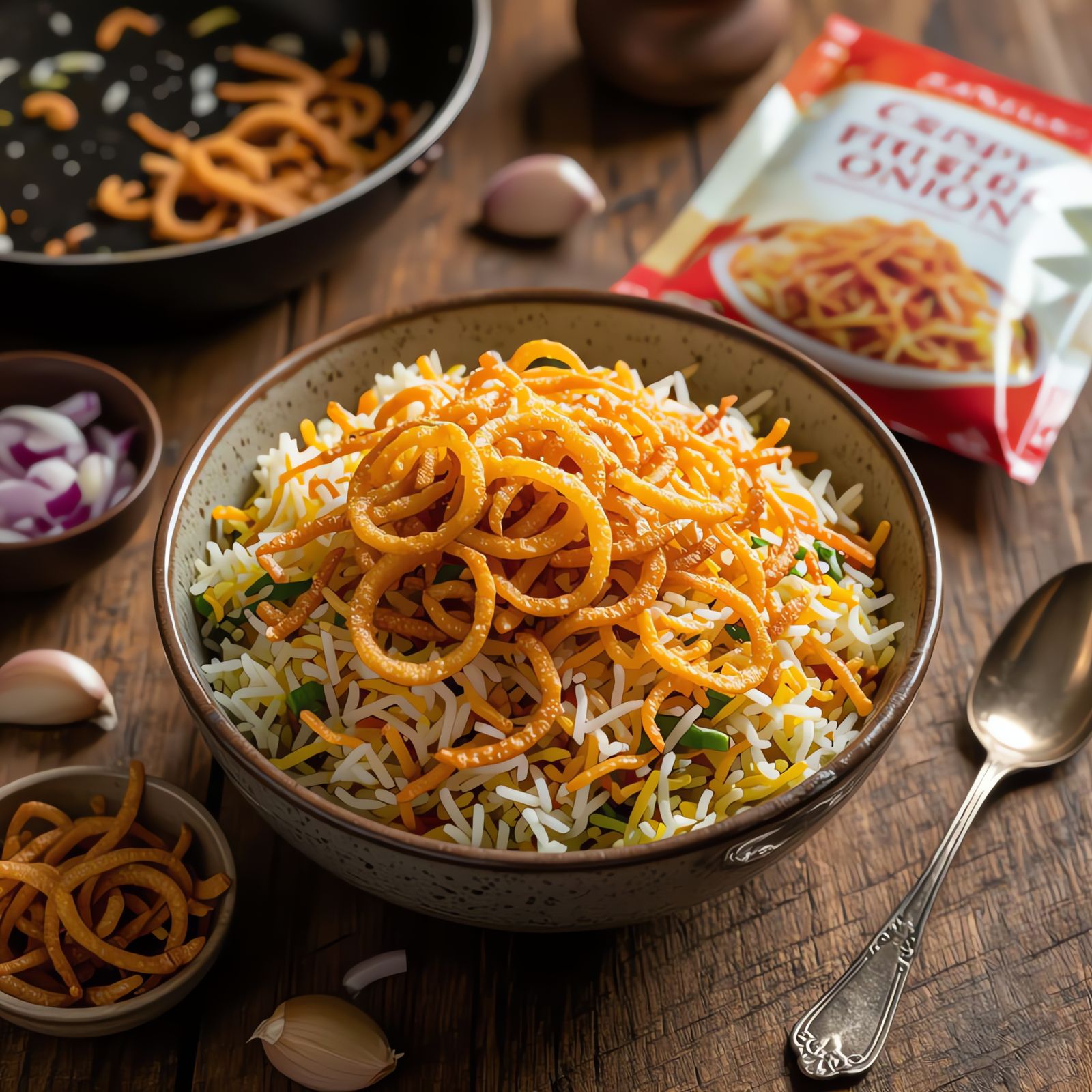 Crispy Fried Onions atop Steaming Biryani in Warm Light