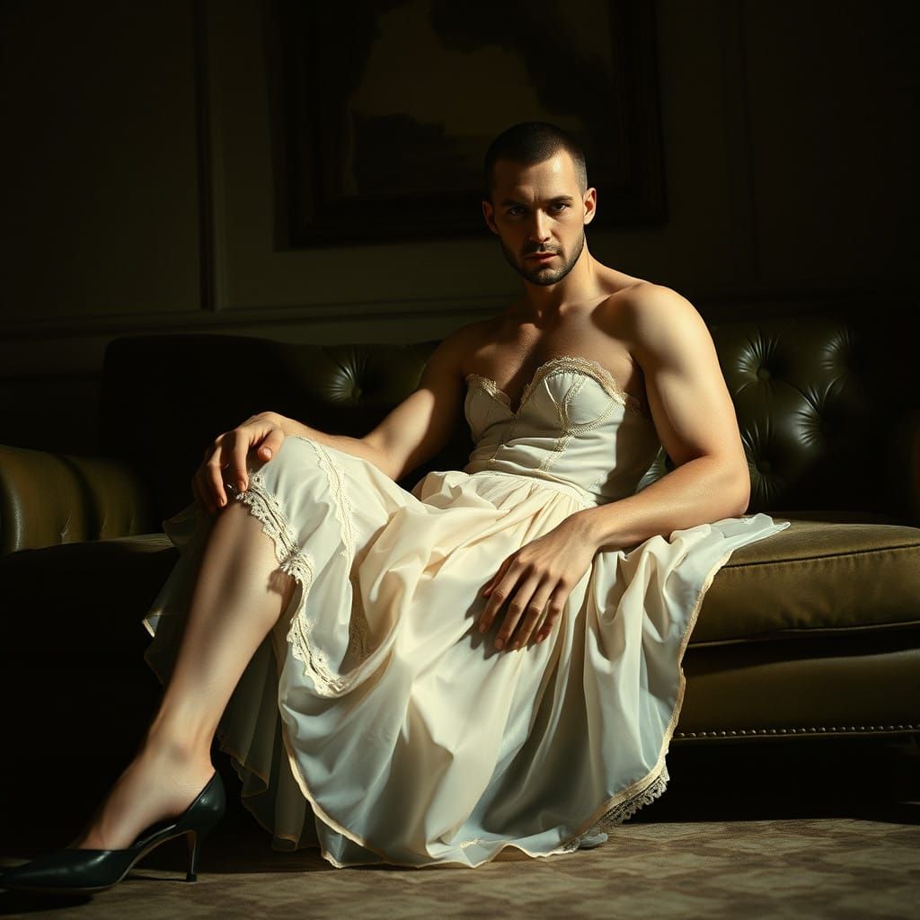 Confident Masculine Figure in Feminine Attire, Cinematic Gol...