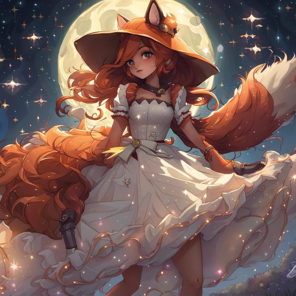 Adorable Fox-girl VIXEN Looking up at a starry night.