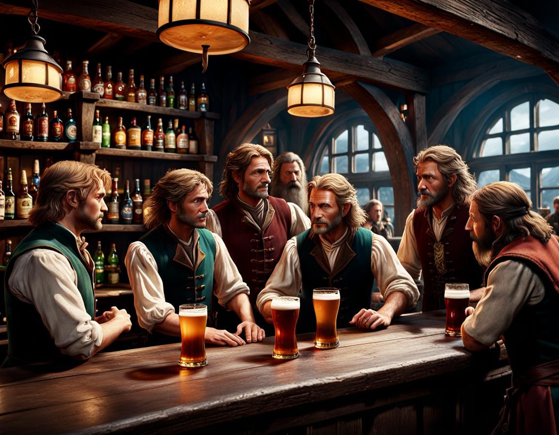 Hobbits Enjoying Ale at the Prancing Pony Tavern