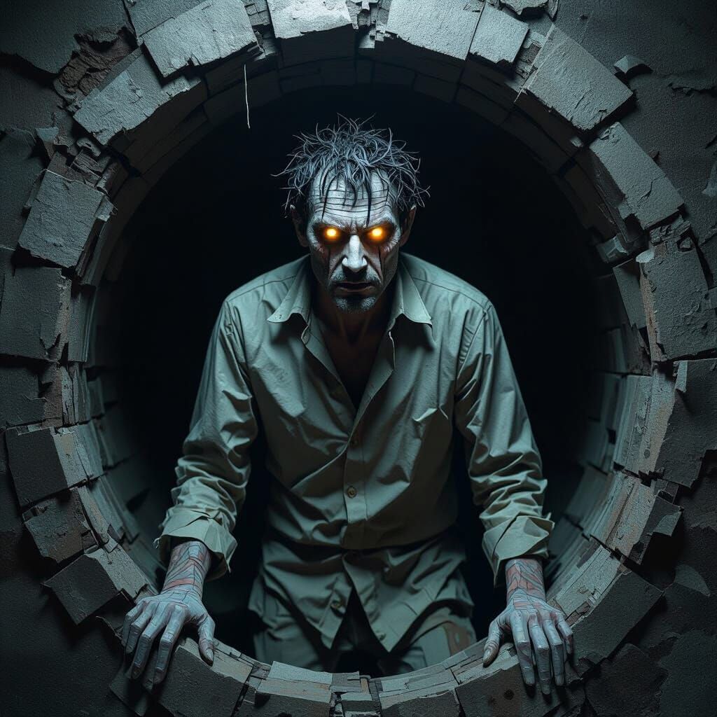 Deranged Man in Haunted Well with Glowing Eyes