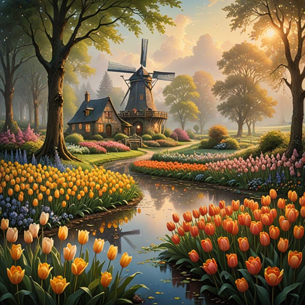 Ethereal Holland Fantasy Landscape in Soft Oil Painting Styl...