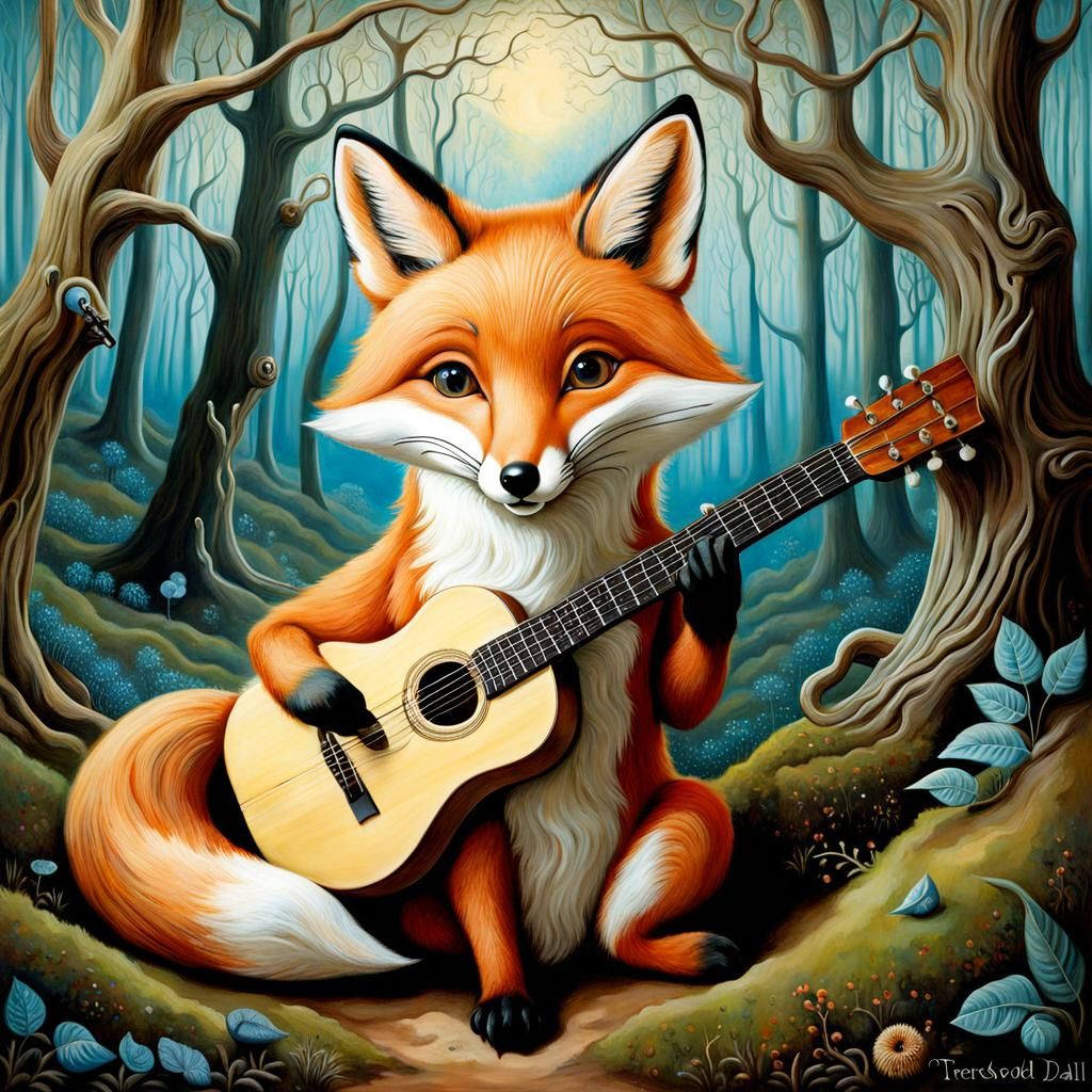 Surreal Fox Guitarist in Whimsical Forest