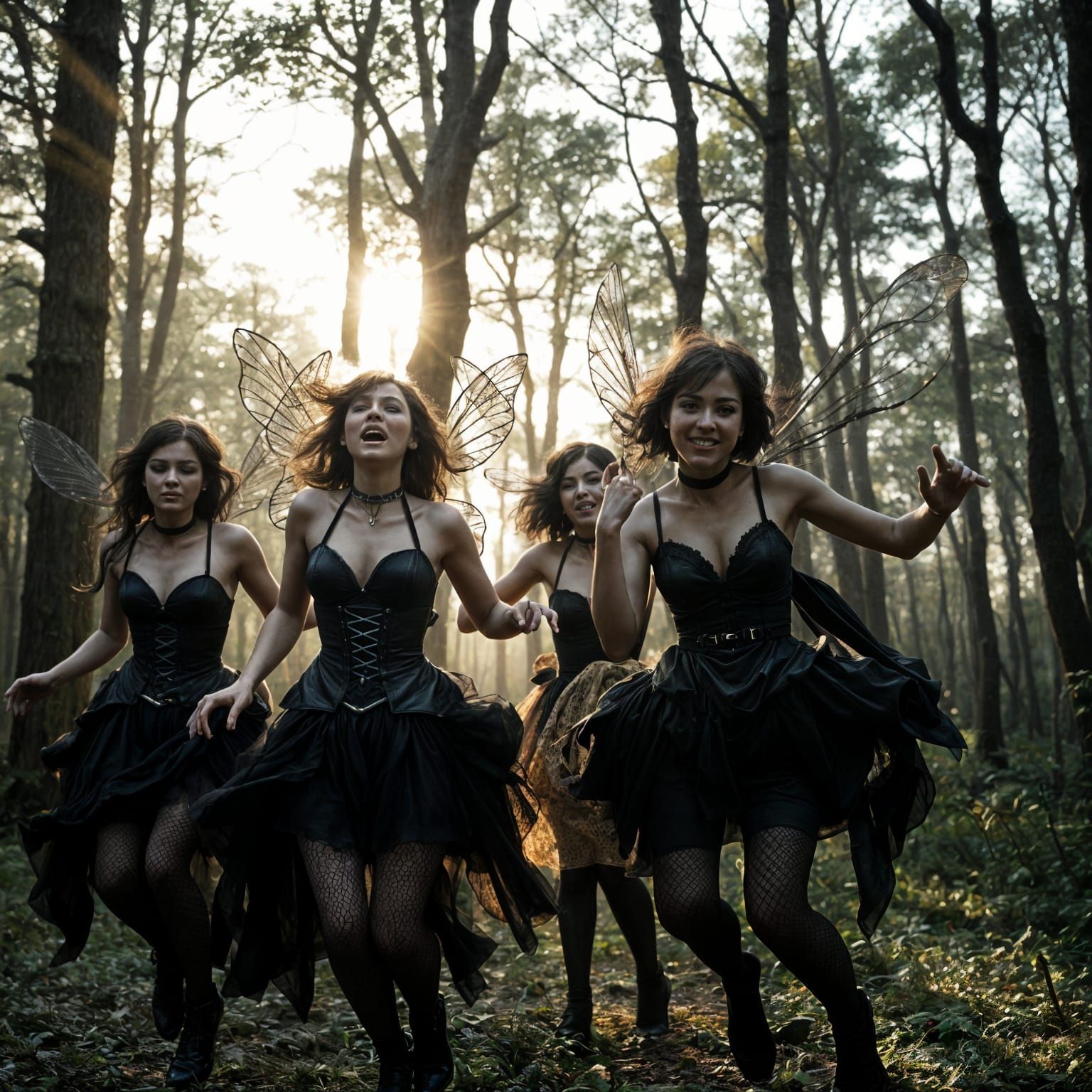 Gothpunk Fairies Dancing in a Sunrise Forest Glade