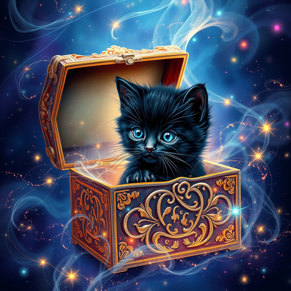 Mystical Black Kitten in Ornate Box, Dreamlike Digital Art