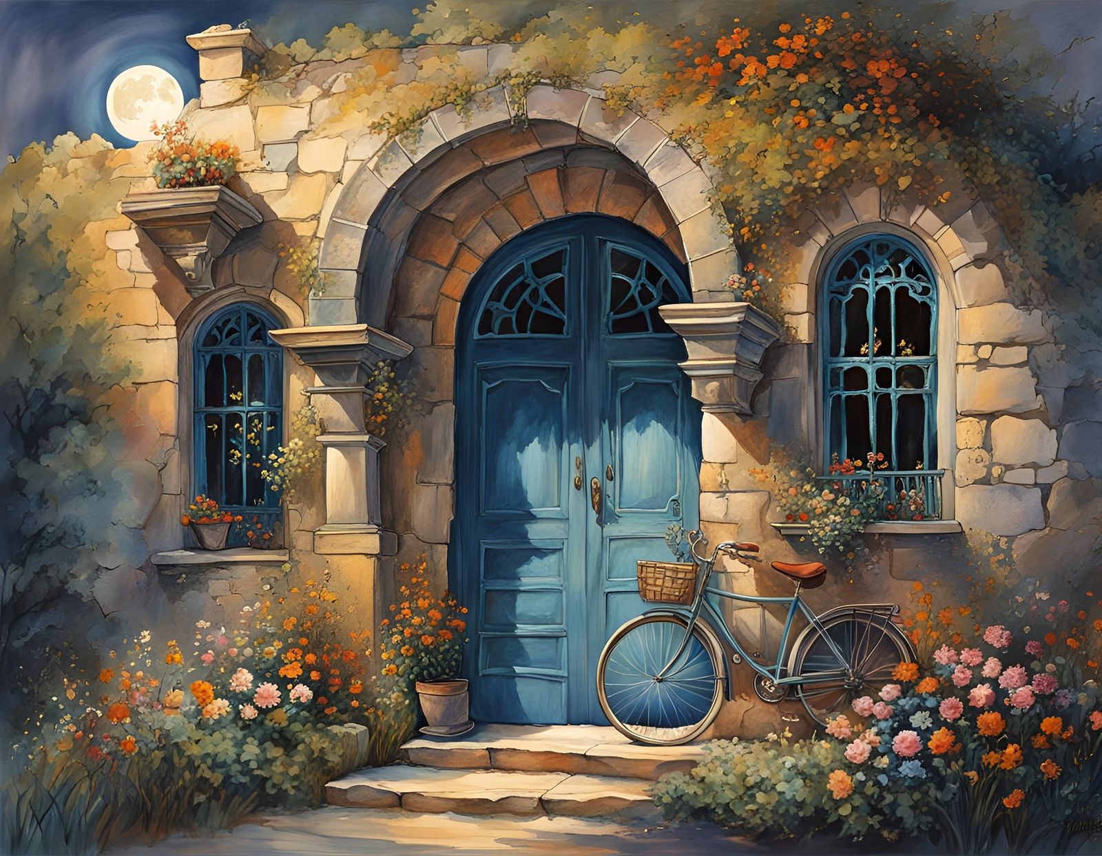 Moonlit Stone Wall with Art Nouveau Architecture