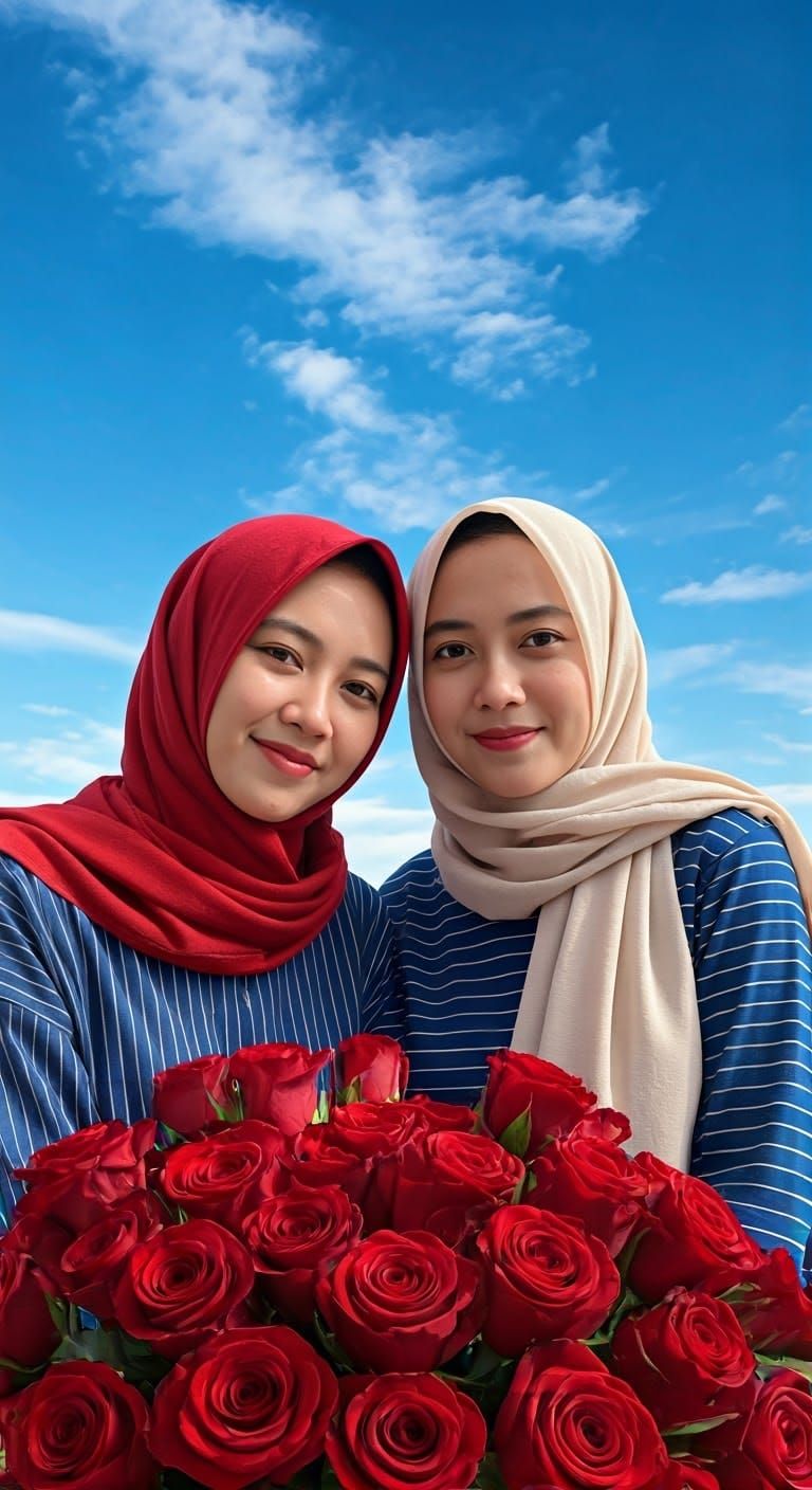 East Asian Women in Hijabs with Roses, Hyper-Realistic