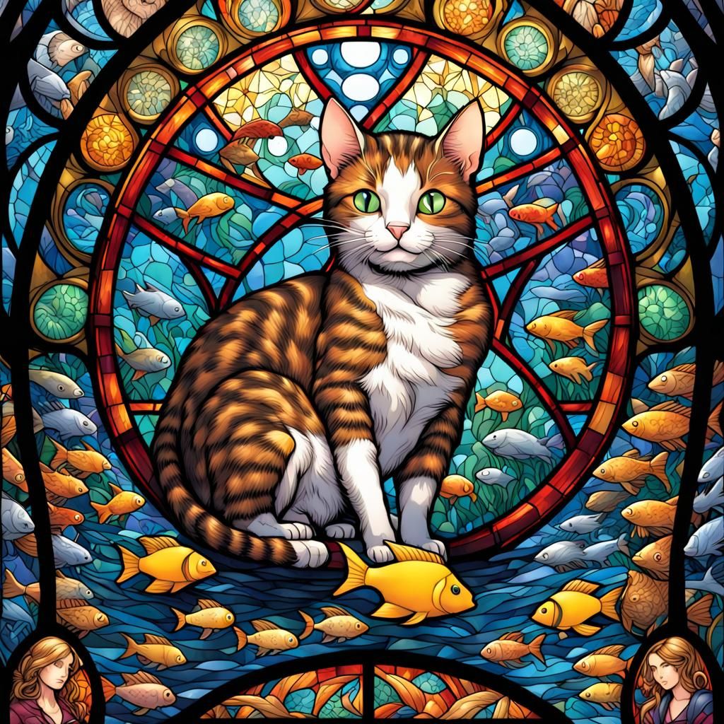 Stained Glass Cat Surrounded by Fish and Mice