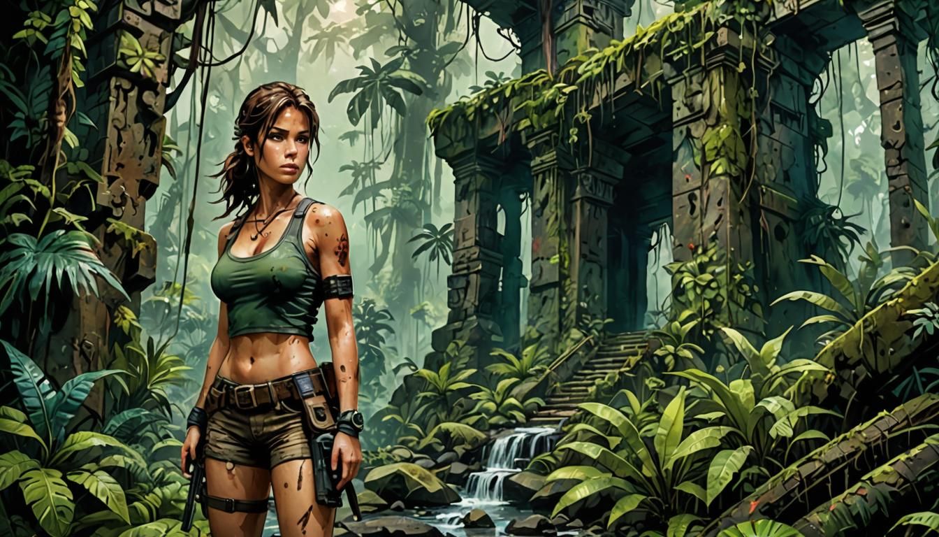 Sweaty Adventurer in Rainforest Ruins, Ink Punk Style