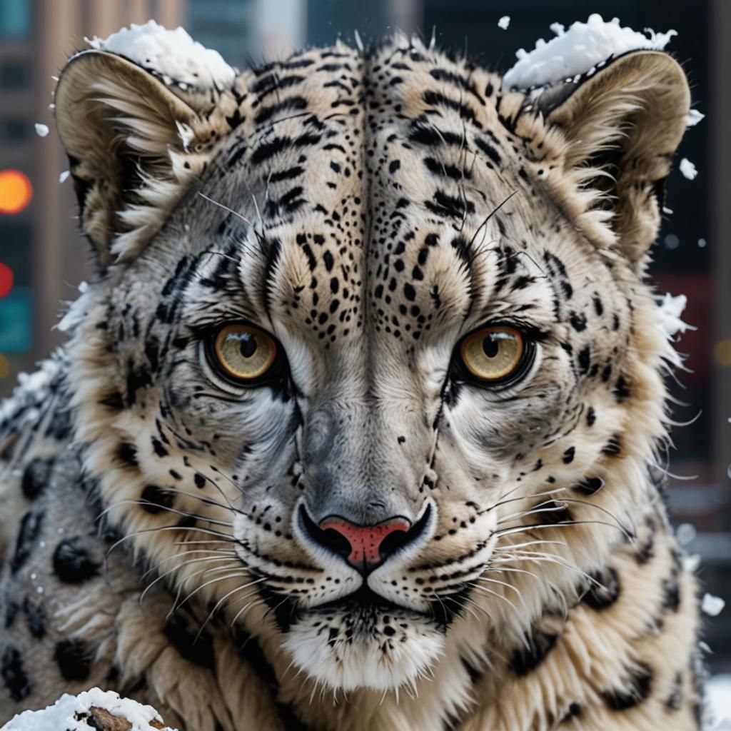 Cyborg Snow Leopard Near City Skyscraper
