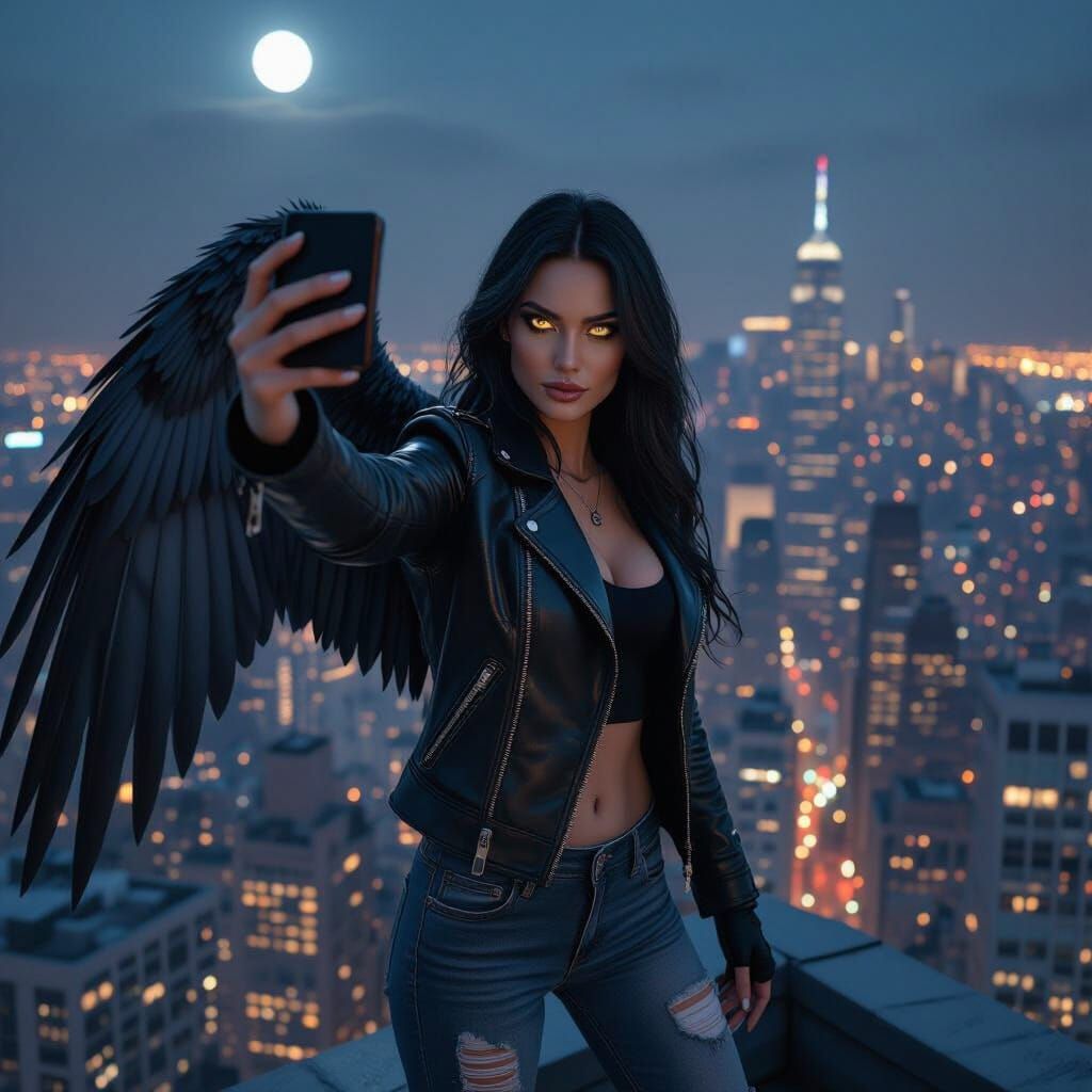 Harpy Selfie on a Skyscraper: Horror-Fantasy Portrait
