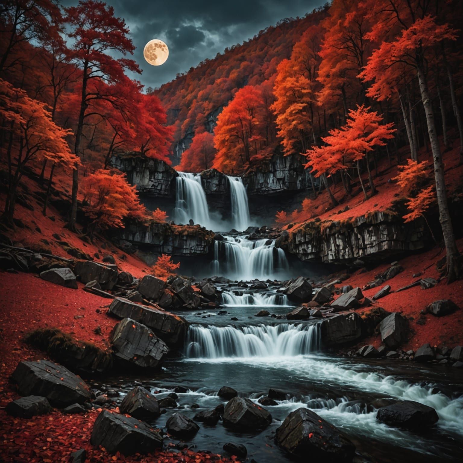 Red Autumn Waterfalls Under Full Moon Cinematic