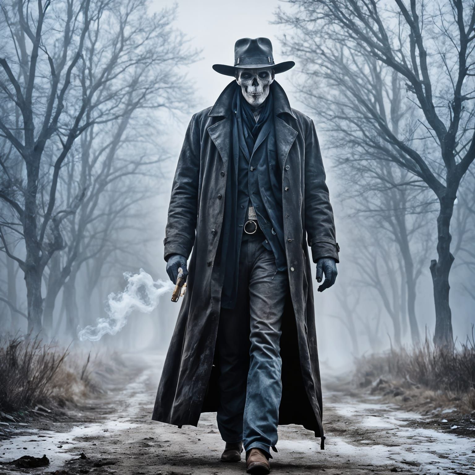 Haunted Cowboy Emerges from Frosty Fog in a Haunting Scene