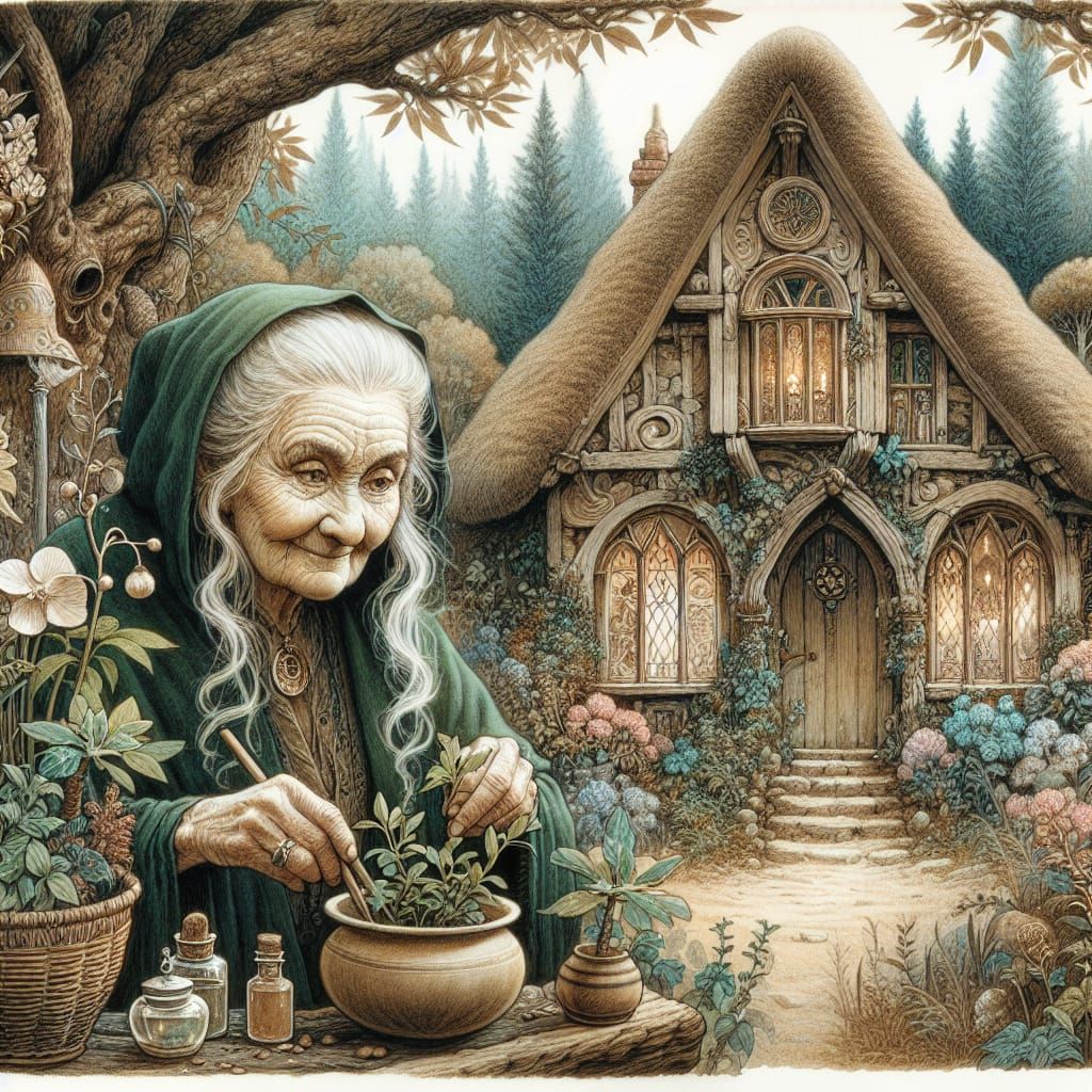 Whimsical Mystical Woman Tending to Enchanted Plants in a 19...