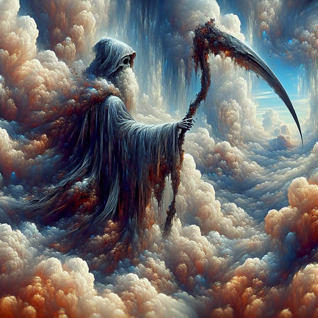 Fantastical Death Figure Reaching Down From Clouds
