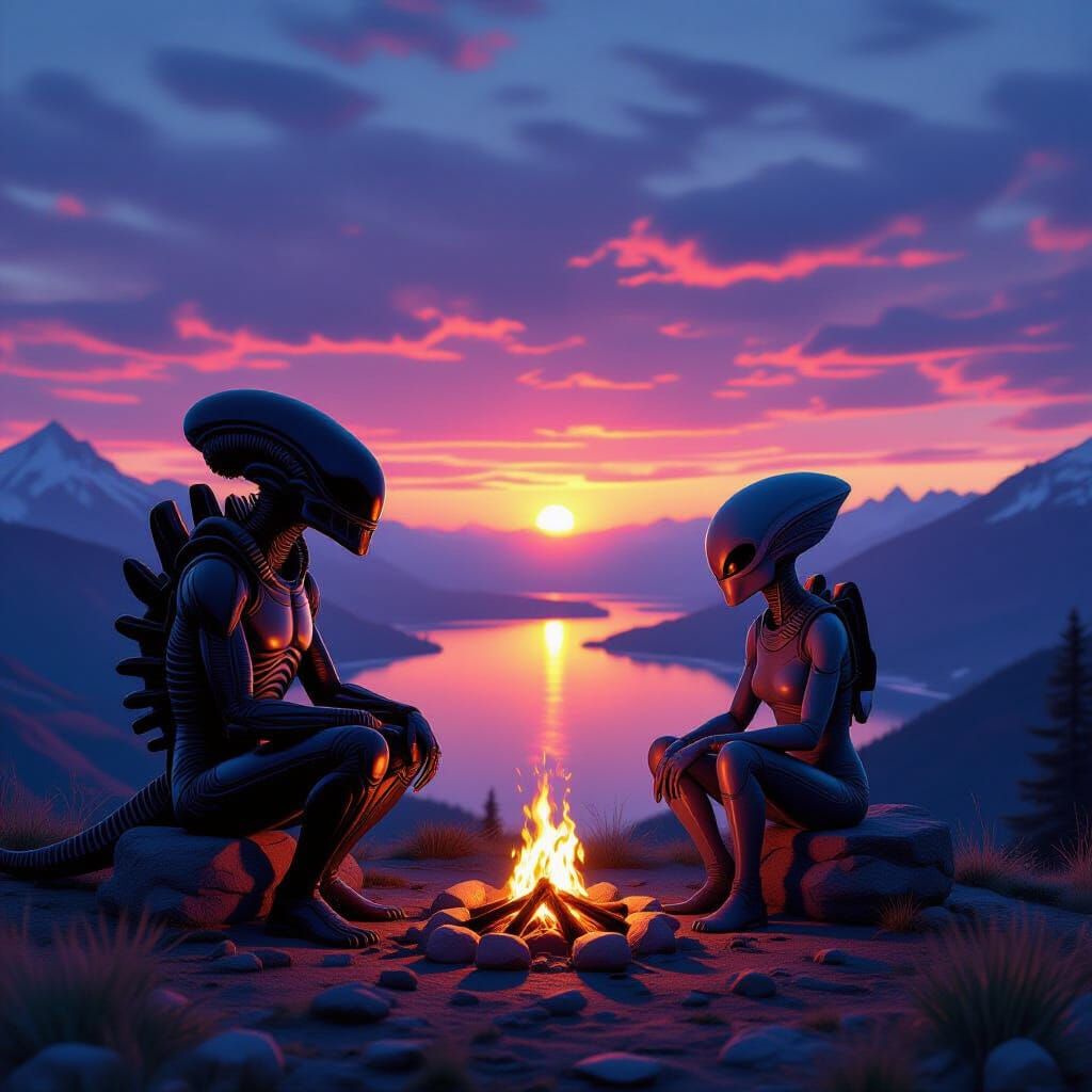 Alien Companions Watch Sunset Over Valley