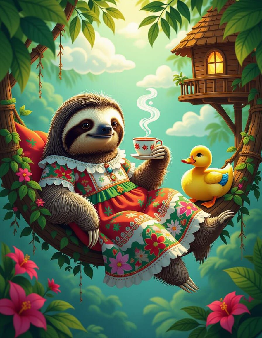 Patchwork Sloth in Christmas Dress Sipping Tea