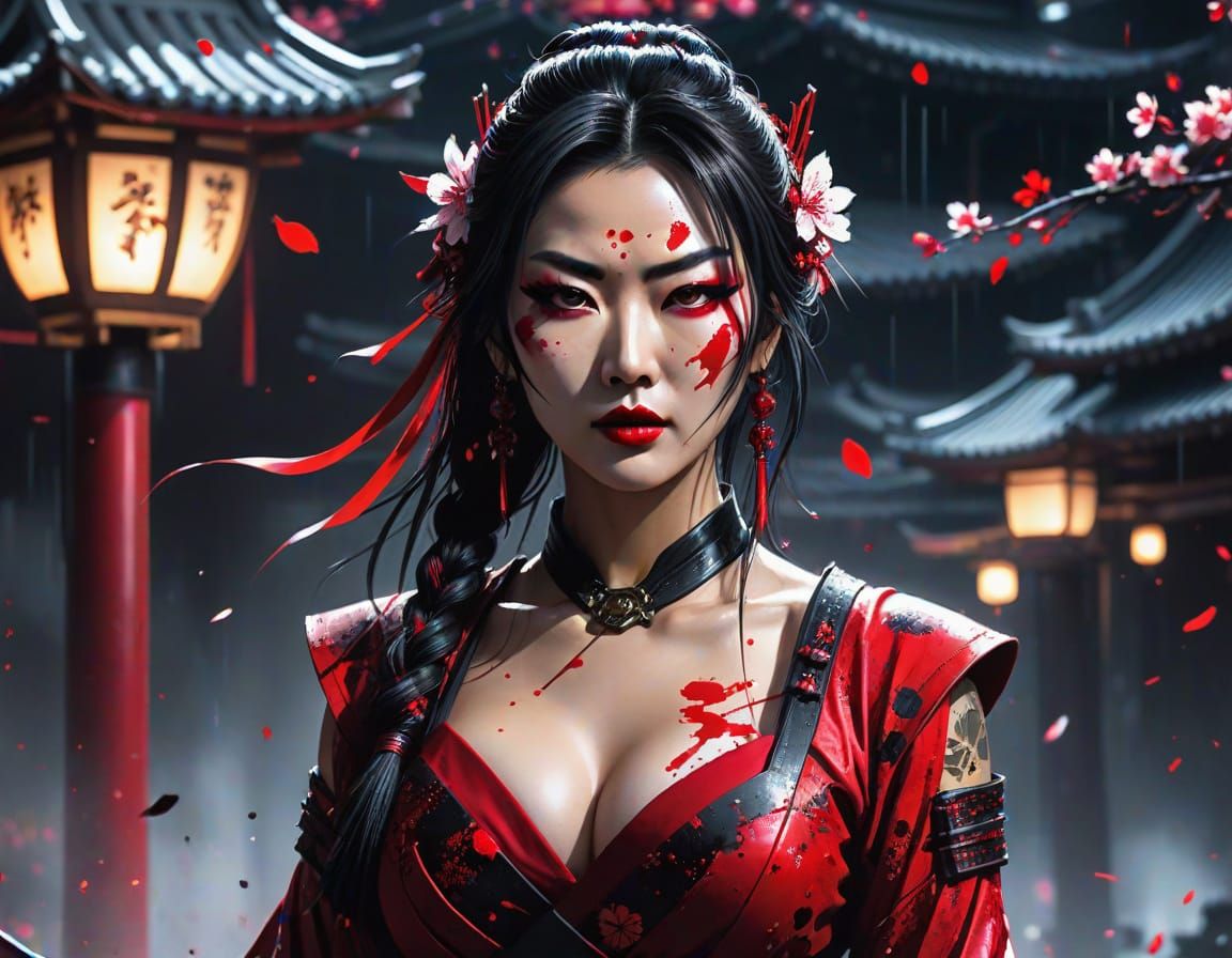 Cyberpunk Samurai Goddess in Trash Polka Sumi-e Style