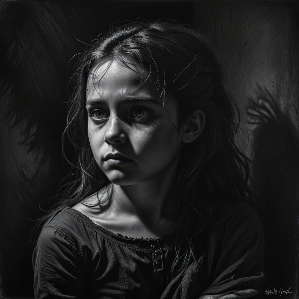 Gothic Portrait of Child and Mother in Shadow