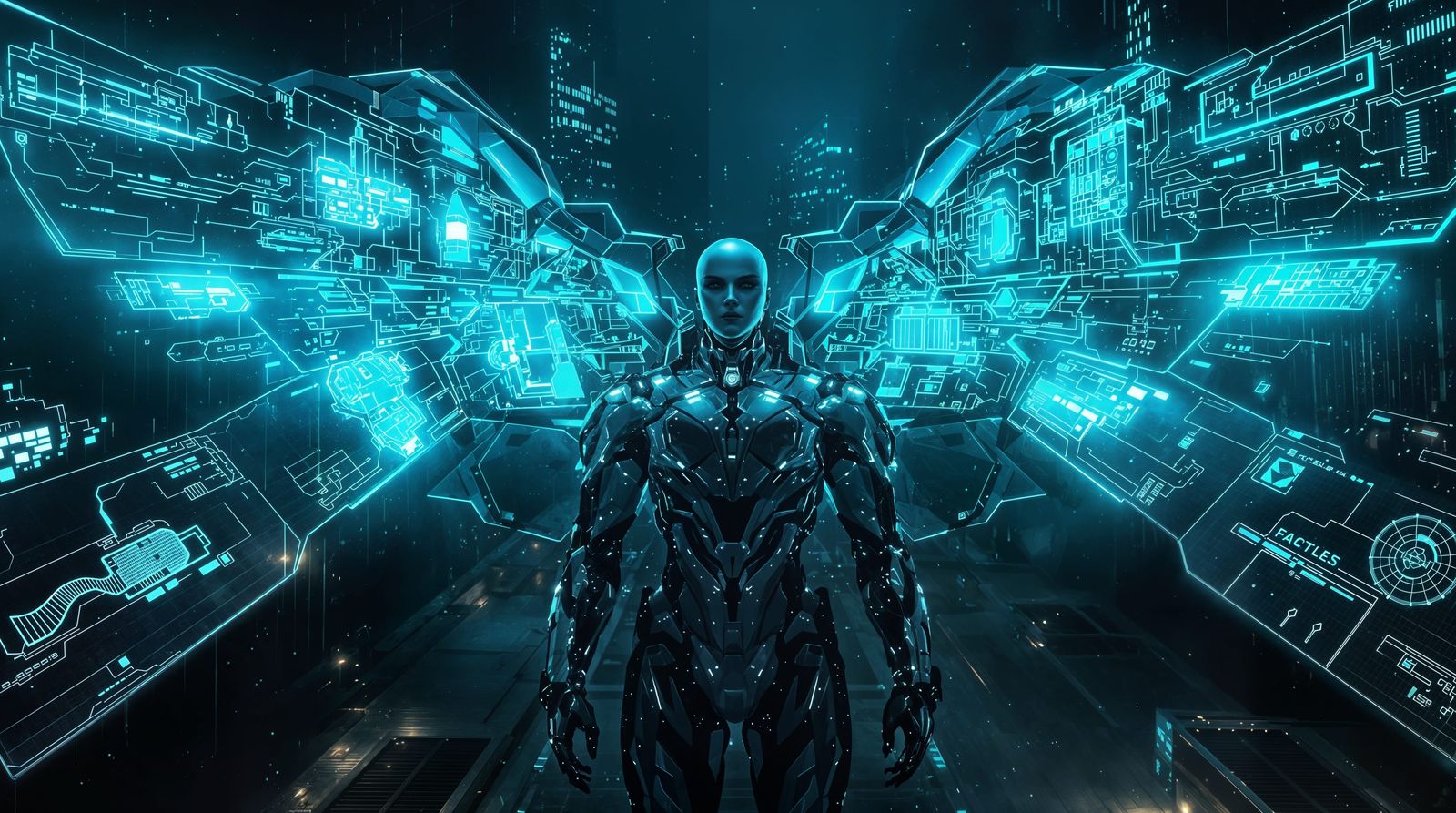 Cyberpunk Angel with Mechanical Wings Displays City Blueprin...