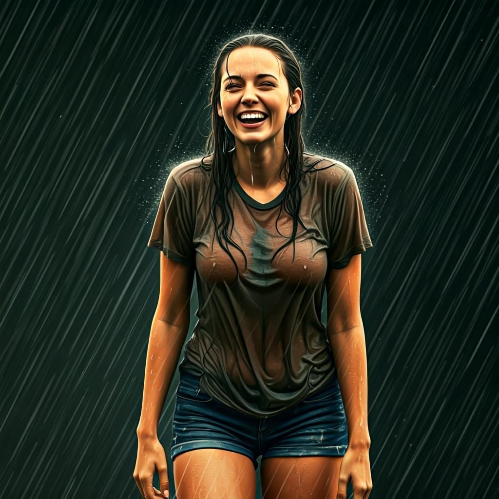 Laughing Woman in Rain, Realistic Impressionistic Style