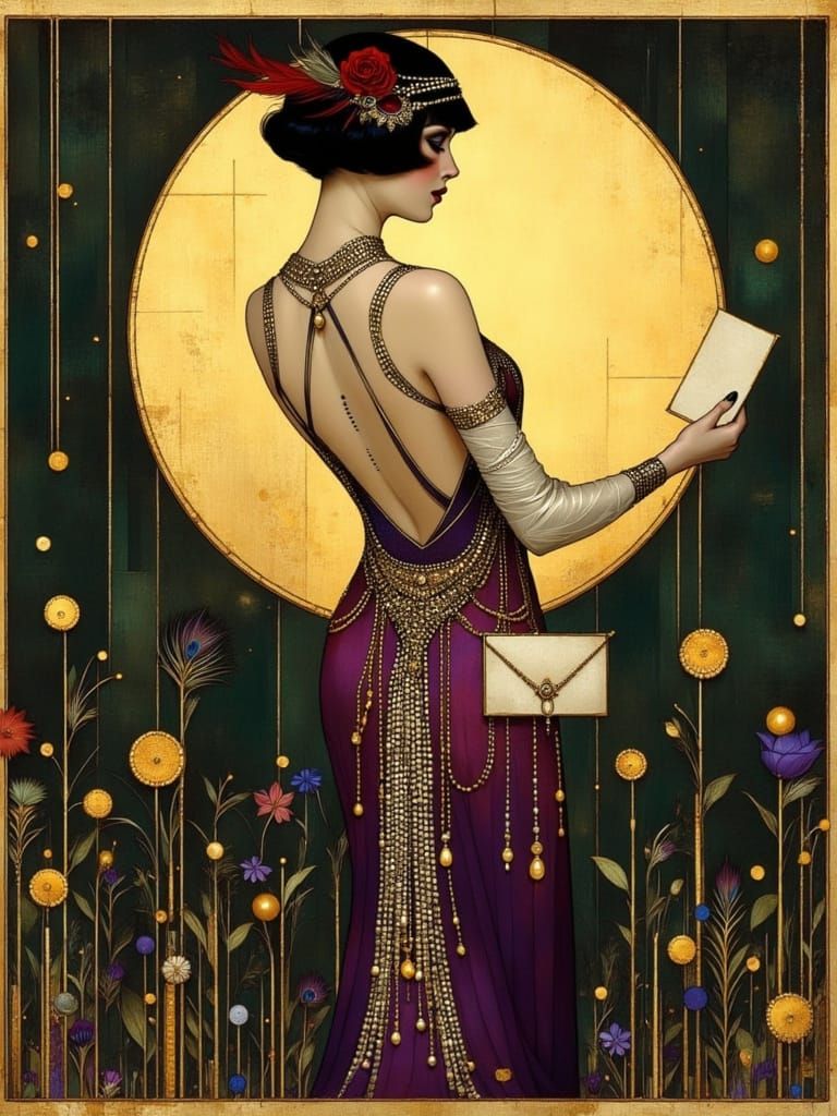 Glamorous Art Deco Woman in Opulent 1920s Evening Attire