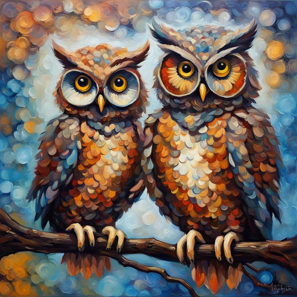 Steampunk Owl Family in Expressionist Style