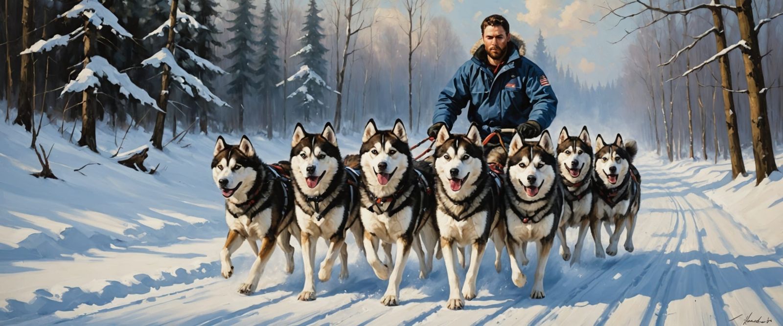 Siberian Husky Sled Team in Impasto Oil Painting