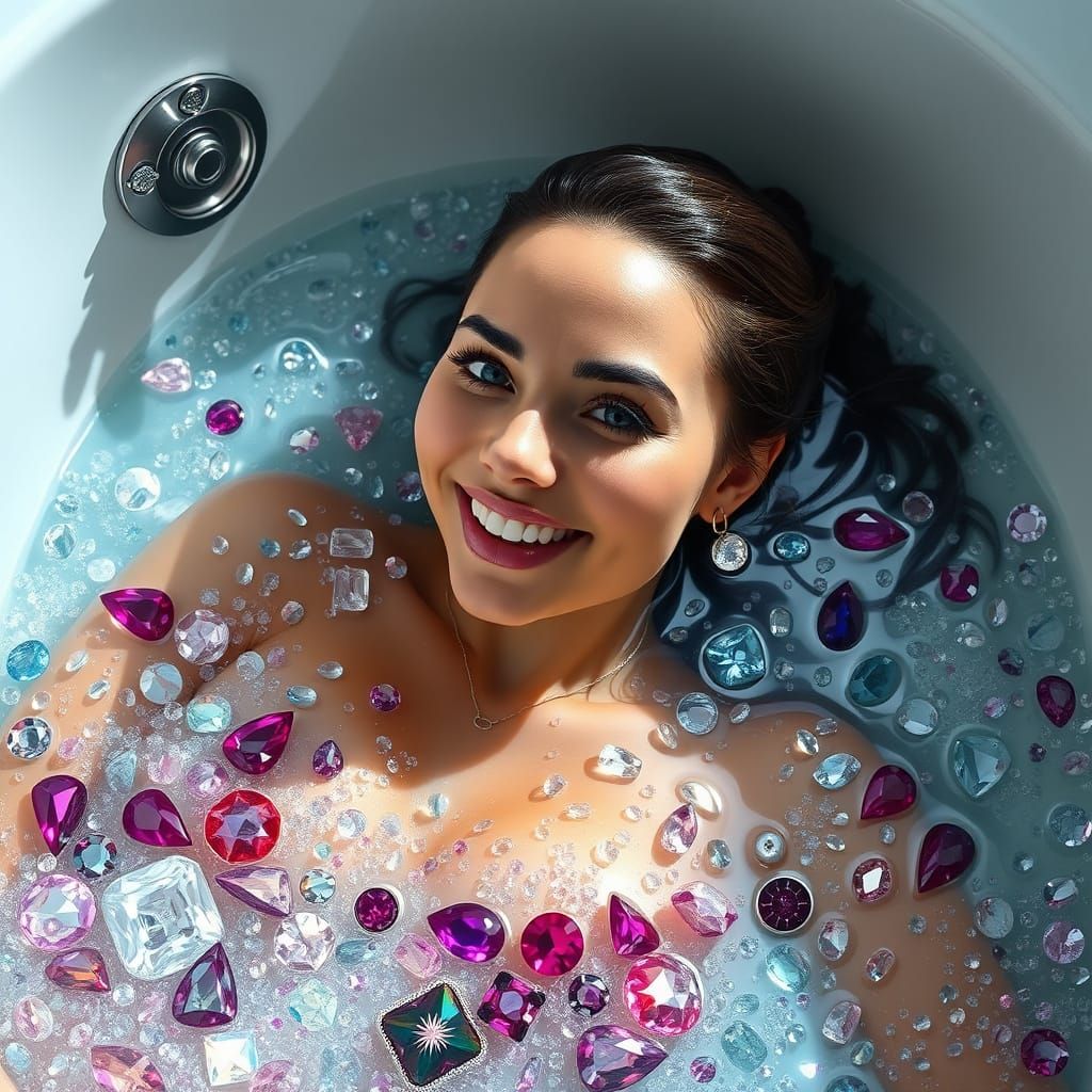 Hyperrealistic Woman Bathes in Sparkling Gemstones
