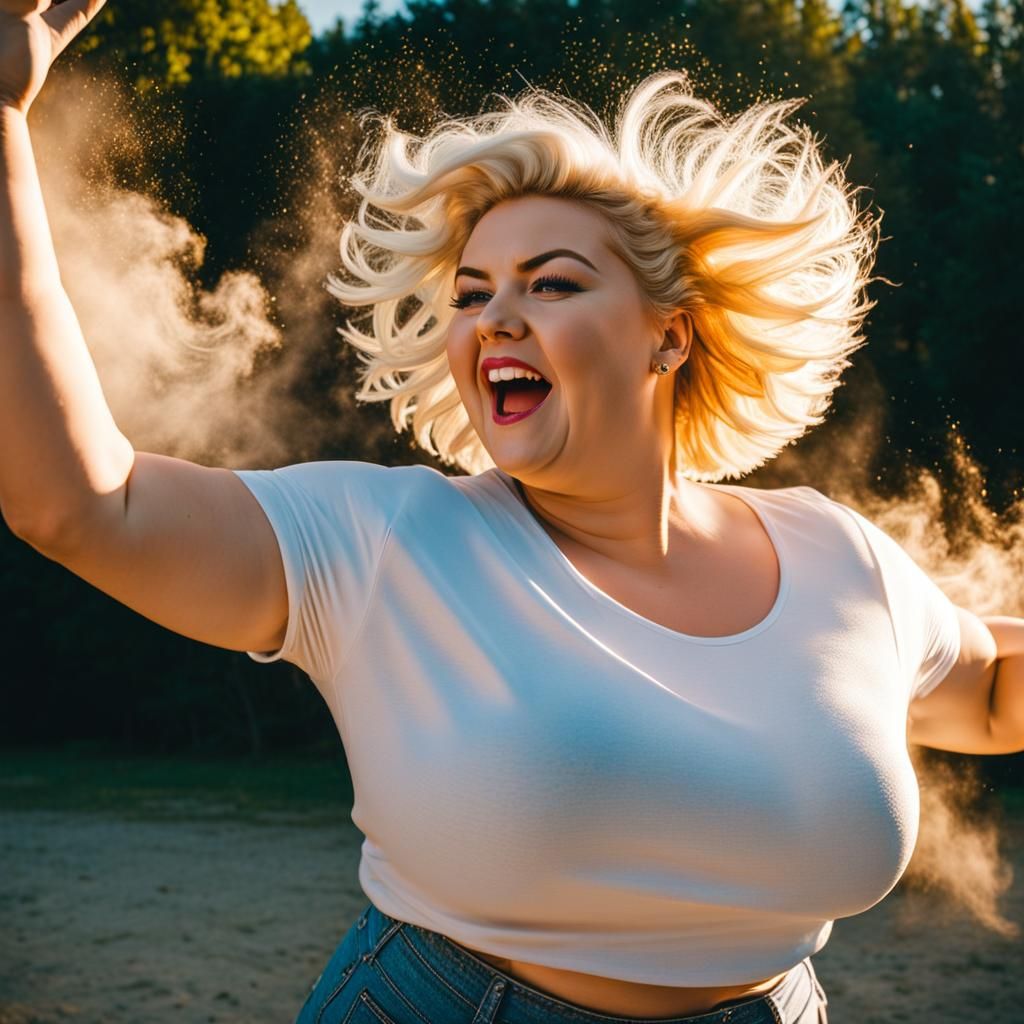 Happy Blonde Woman Dancing in Golden Light