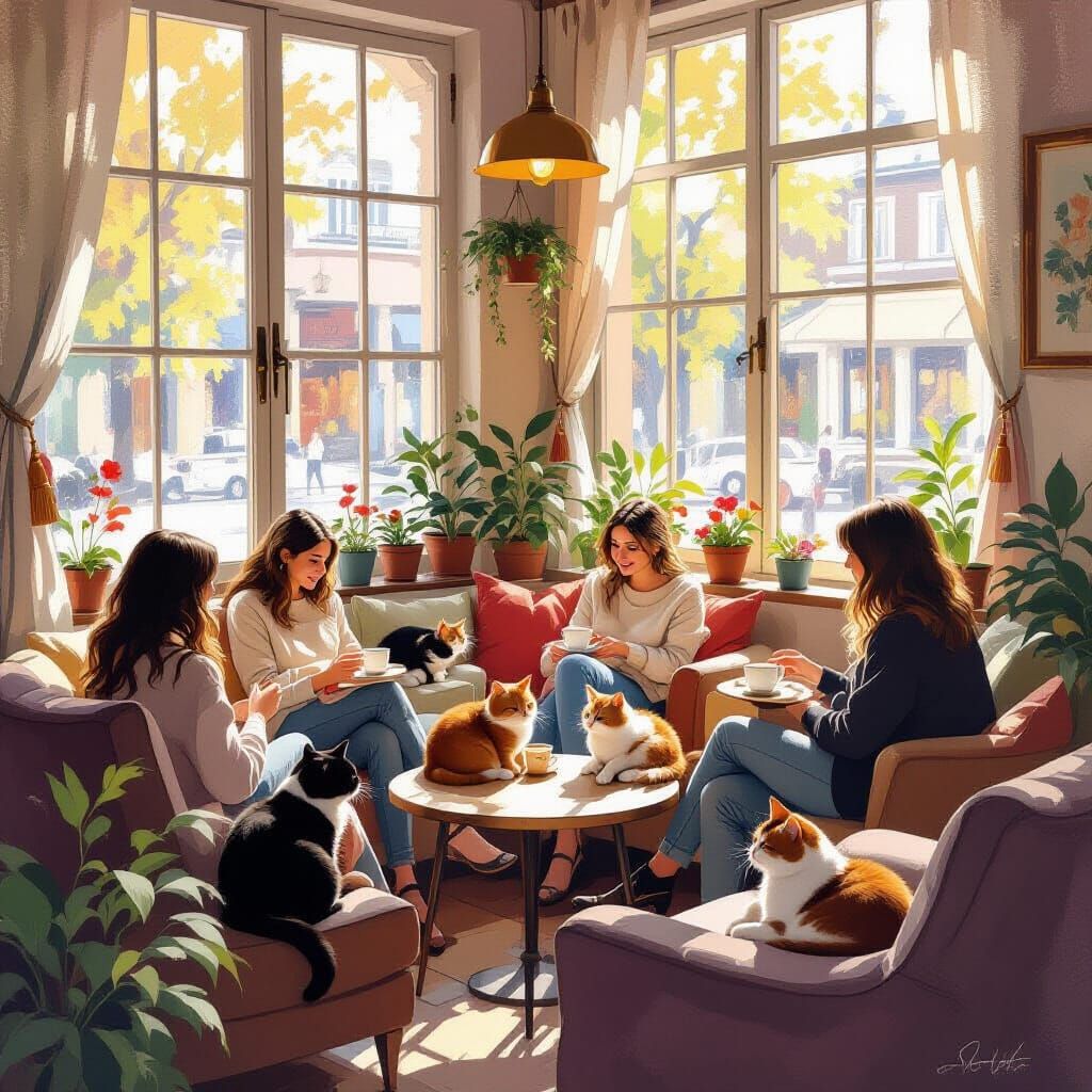 Warm Sunlit Cat Cafe Interior with Relaxing Felines