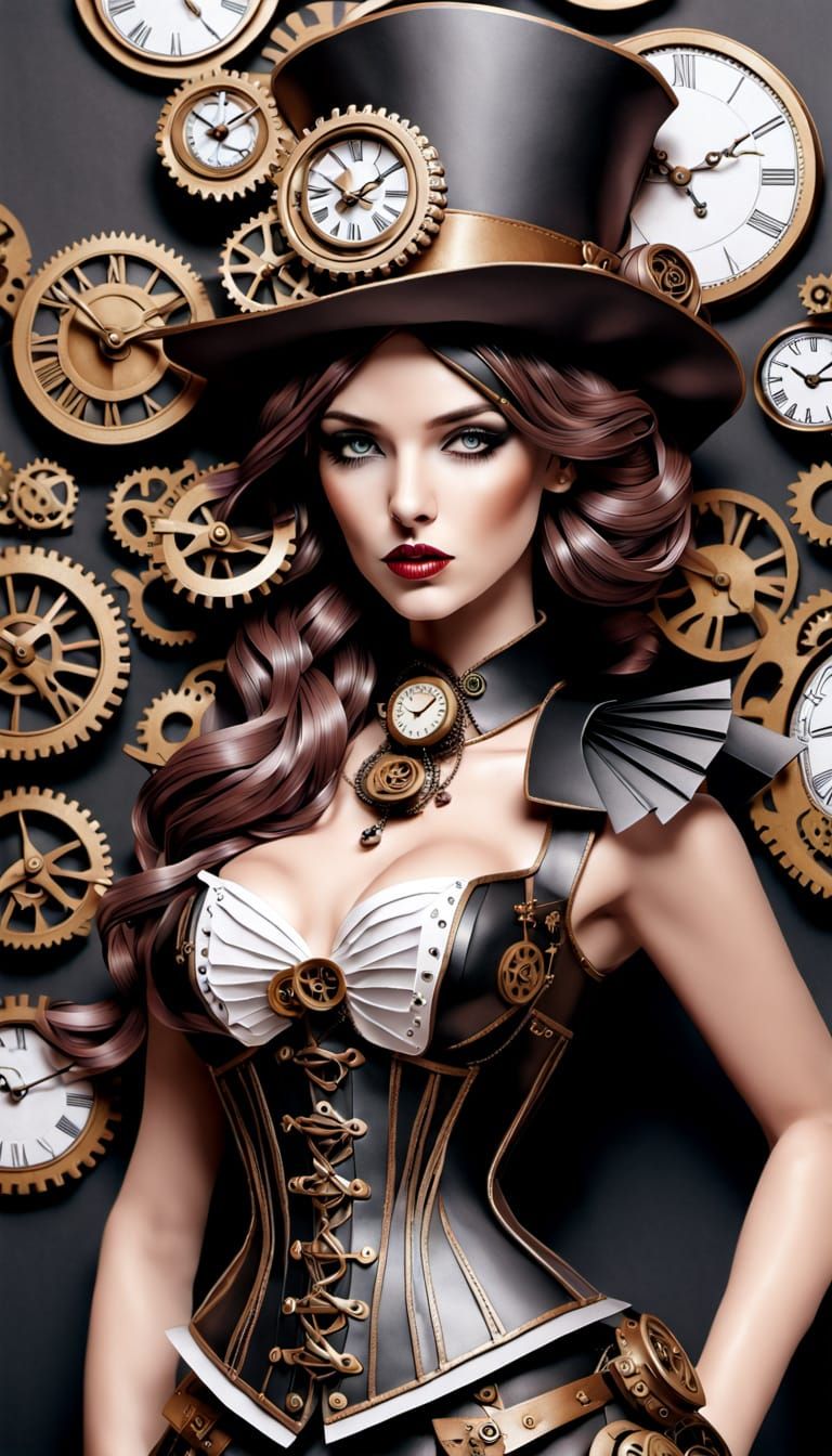 Steampunk Papercut Woman in Origami Style